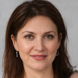 Joyful white adult female with medium  brown hair and grey eyes