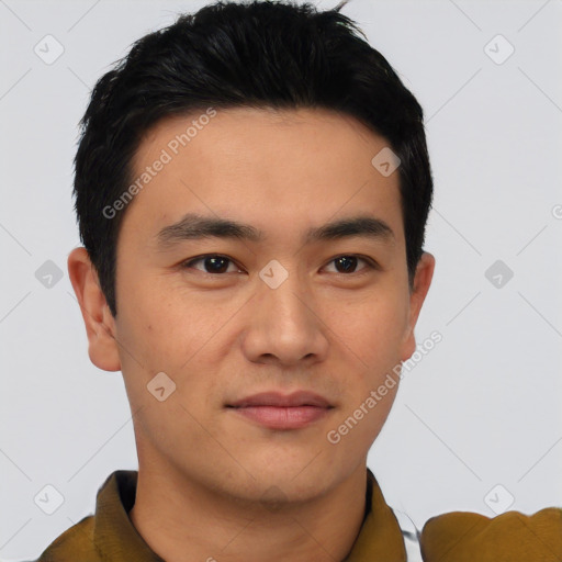 Neutral asian young-adult male with short  black hair and brown eyes