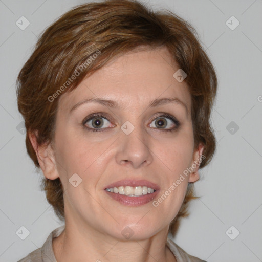 Joyful white young-adult female with medium  brown hair and blue eyes