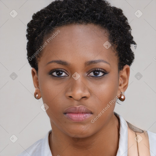 Neutral black young-adult female with short  brown hair and brown eyes