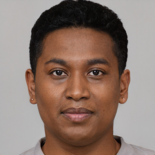 Neutral black young-adult male with short  black hair and brown eyes