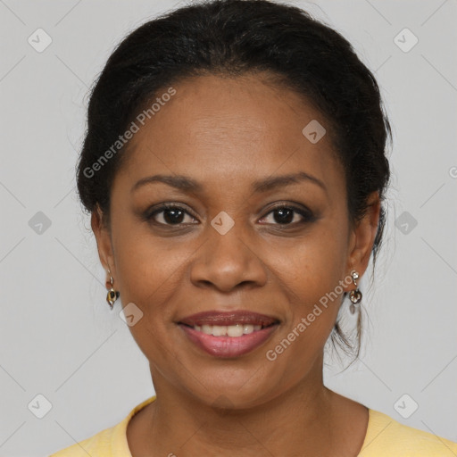 Joyful black young-adult female with medium  brown hair and brown eyes