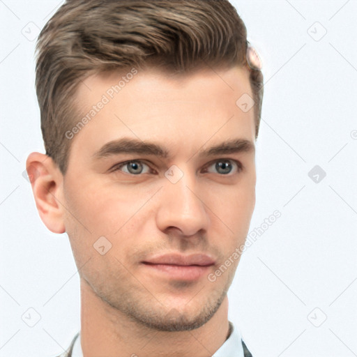 Neutral white young-adult male with short  brown hair and brown eyes