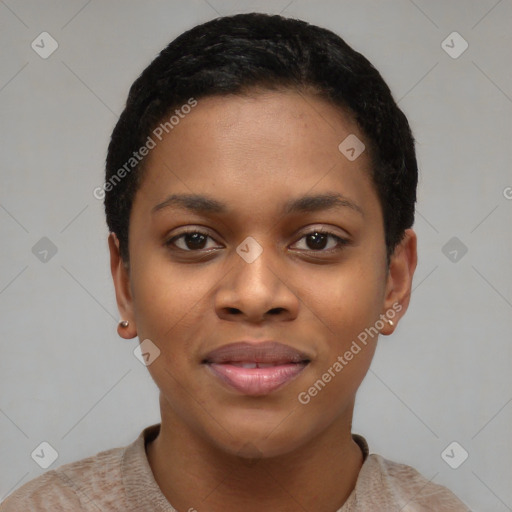 Joyful black young-adult female with short  black hair and brown eyes