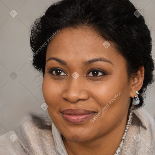 Joyful black adult female with medium  brown hair and brown eyes