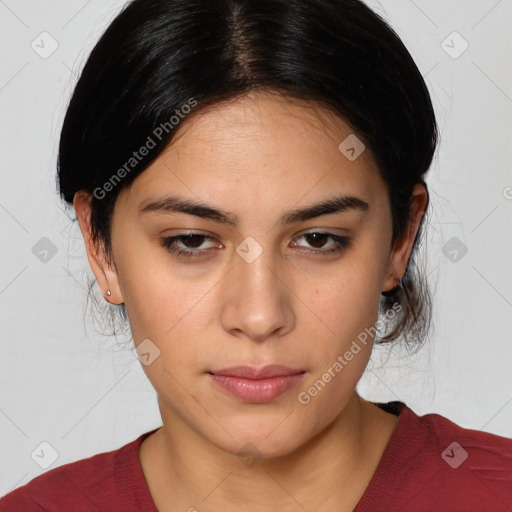 Neutral white young-adult female with medium  brown hair and brown eyes