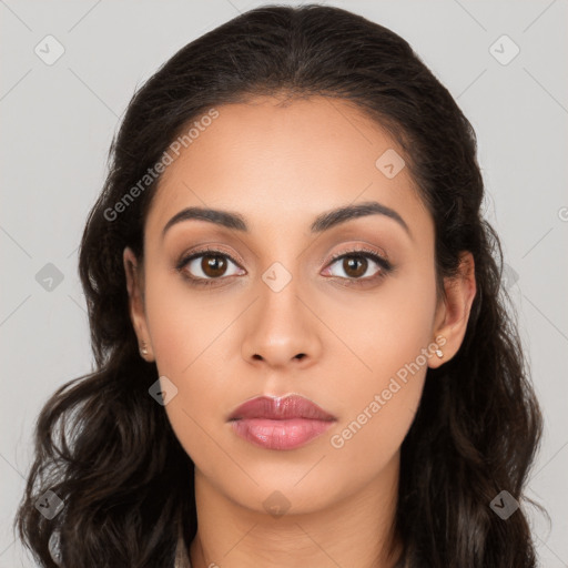 Neutral latino young-adult female with long  brown hair and brown eyes