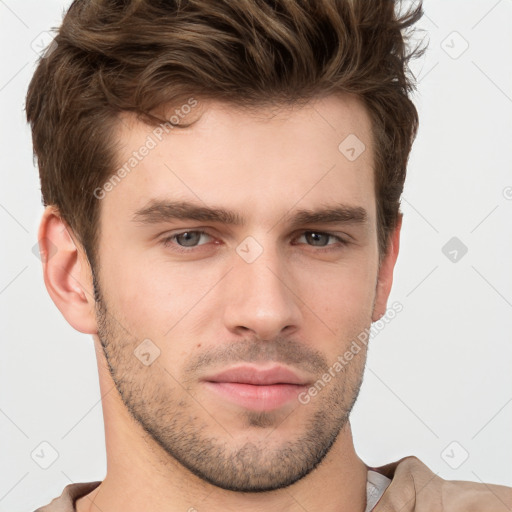 Neutral white young-adult male with short  brown hair and brown eyes