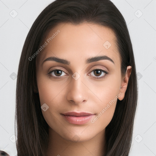 Neutral white young-adult female with long  brown hair and brown eyes