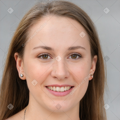 Joyful white young-adult female with long  brown hair and grey eyes