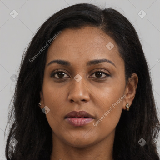 Joyful asian young-adult female with long  brown hair and brown eyes