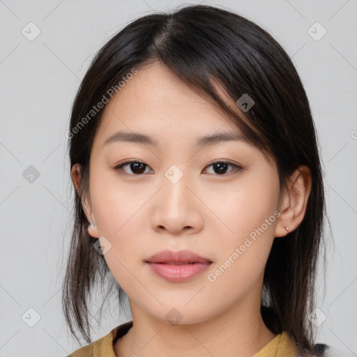 Neutral asian young-adult female with medium  brown hair and brown eyes