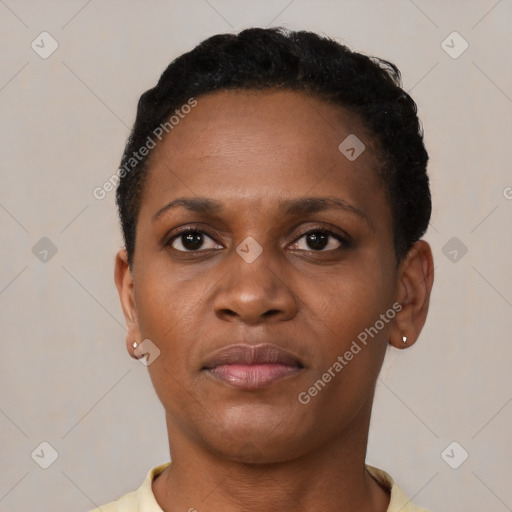 Neutral black young-adult female with short  black hair and brown eyes