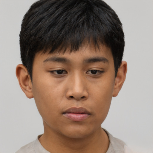 Neutral asian young-adult male with short  black hair and brown eyes