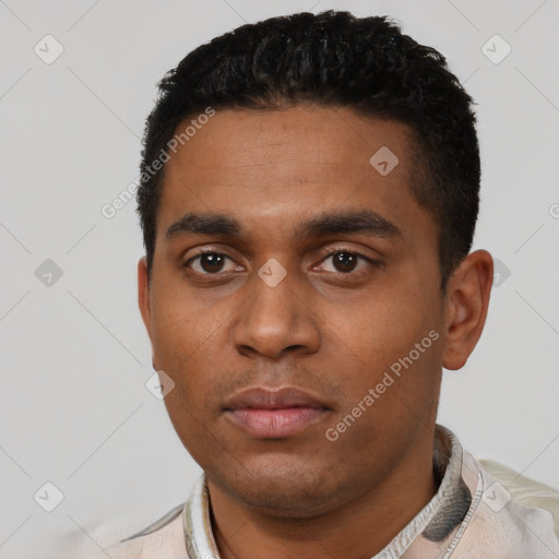 Neutral latino young-adult male with short  black hair and brown eyes