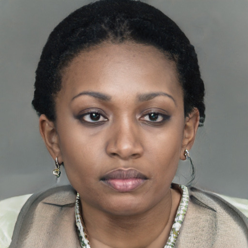 Neutral latino young-adult female with short  black hair and brown eyes