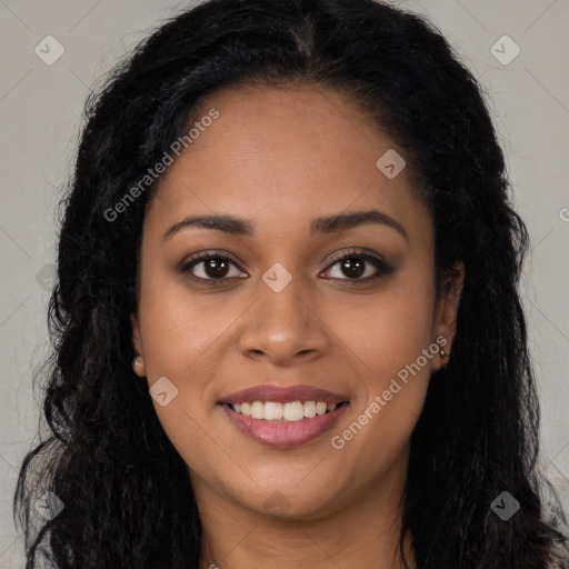 Joyful latino young-adult female with long  black hair and brown eyes