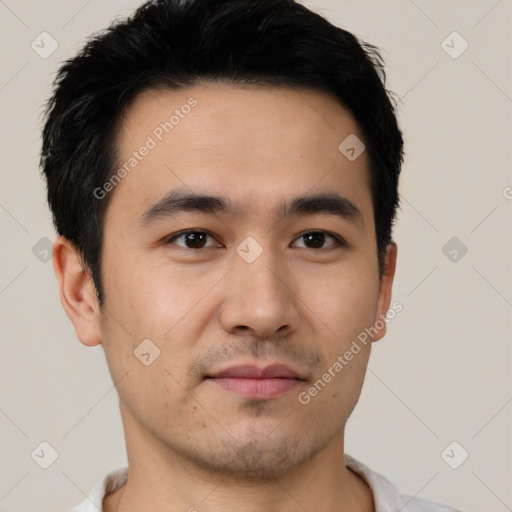 Neutral asian young-adult male with short  black hair and brown eyes