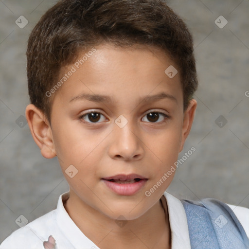 Joyful white child female with short  brown hair and brown eyes