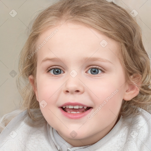 Joyful white child female with medium  brown hair and blue eyes