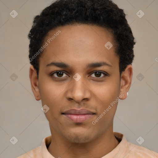 Joyful latino young-adult male with short  brown hair and brown eyes