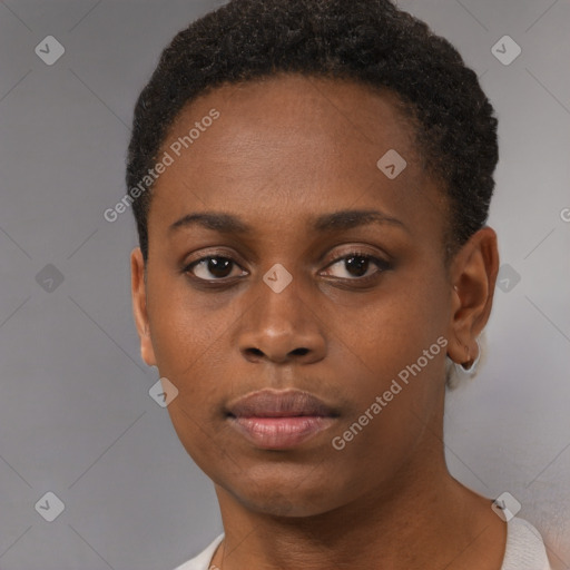 Neutral black young-adult female with short  brown hair and brown eyes