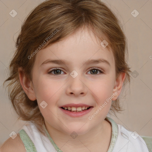 Joyful white child female with medium  brown hair and brown eyes