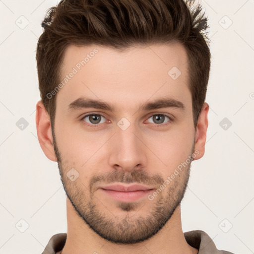 Neutral white young-adult male with short  brown hair and brown eyes