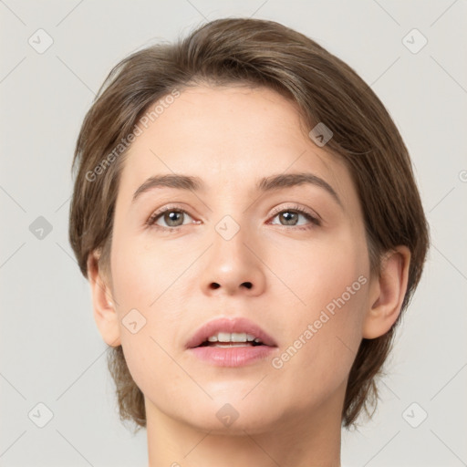 Neutral white young-adult female with medium  brown hair and brown eyes