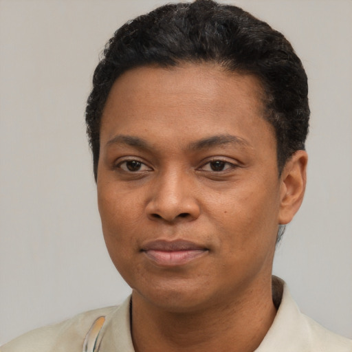 Neutral latino young-adult female with short  black hair and brown eyes