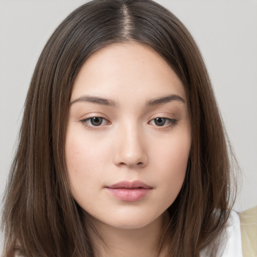 Neutral white young-adult female with long  brown hair and brown eyes