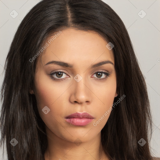 Neutral white young-adult female with long  brown hair and brown eyes