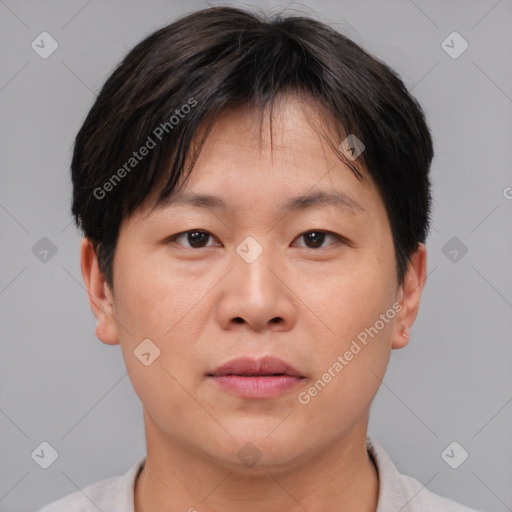 Neutral asian young-adult male with short  brown hair and brown eyes