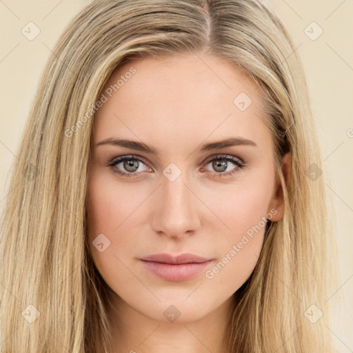 Neutral white young-adult female with long  brown hair and brown eyes