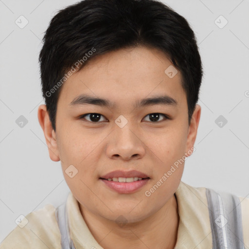 Joyful asian young-adult male with short  brown hair and brown eyes