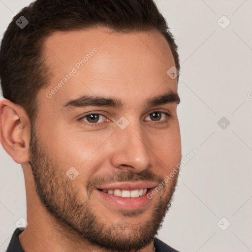 Joyful white young-adult male with short  brown hair and brown eyes