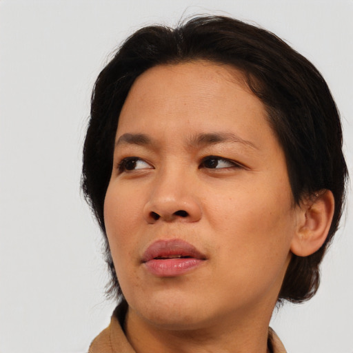 Neutral asian young-adult female with medium  brown hair and brown eyes