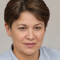 Joyful white adult female with short  brown hair and brown eyes