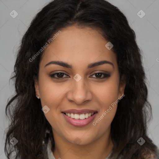 Joyful latino young-adult female with long  brown hair and brown eyes