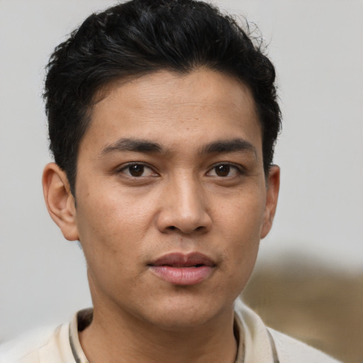 Neutral asian young-adult male with short  brown hair and brown eyes