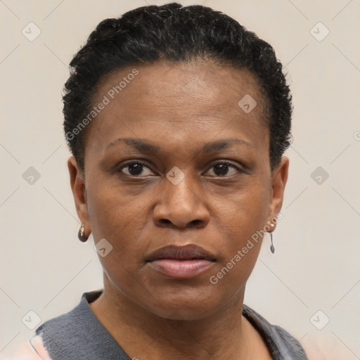 Joyful black adult female with short  brown hair and brown eyes