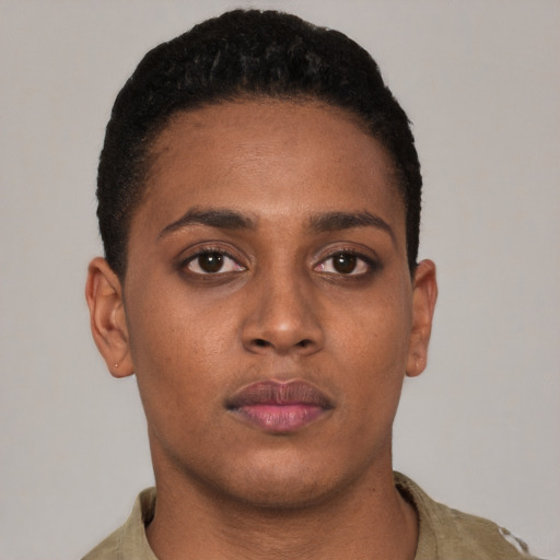 Neutral latino young-adult female with short  brown hair and brown eyes
