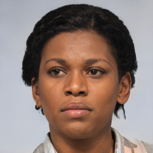 Neutral black young-adult female with short  brown hair and brown eyes