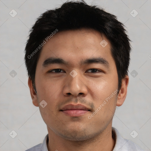 Neutral asian young-adult male with short  black hair and brown eyes