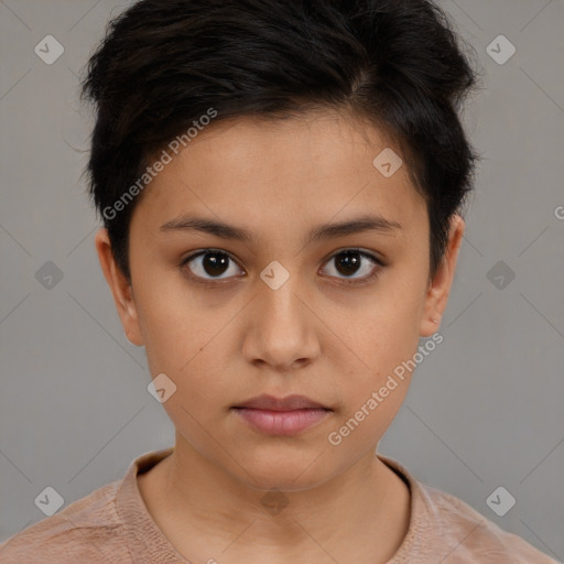 Neutral white young-adult female with short  brown hair and brown eyes