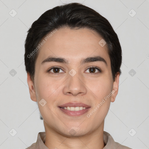 Joyful white young-adult male with short  black hair and brown eyes