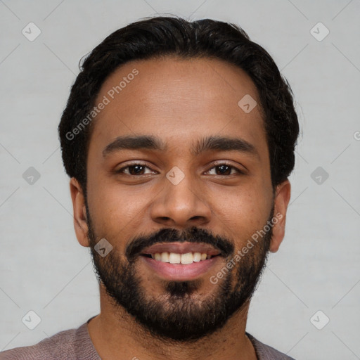 Joyful latino young-adult male with short  black hair and brown eyes