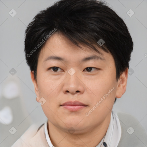 Neutral asian young-adult male with short  brown hair and brown eyes