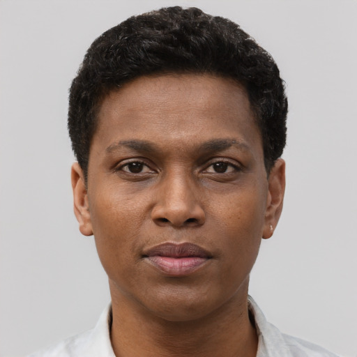 Neutral black young-adult male with short  black hair and brown eyes