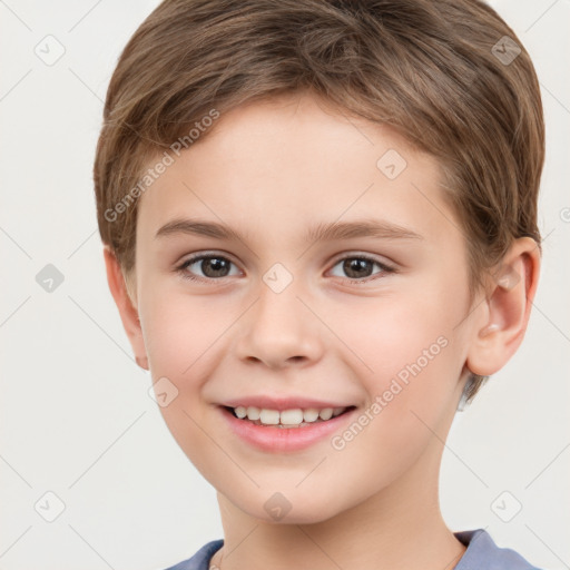 Joyful white child female with short  brown hair and brown eyes